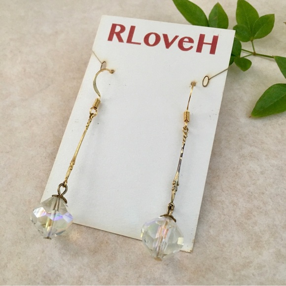 12K Gold Filled Posts Iridescent Crystal Bean Minimalist Dangle Earrings - Picture 7 of 7